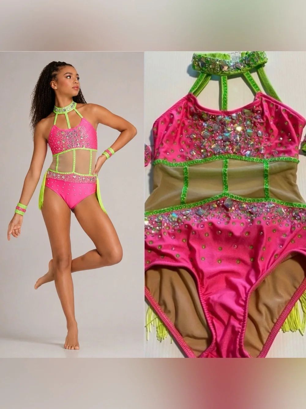 Glamour solo dance costume hot pink sassy embellished illusion MC-medium child